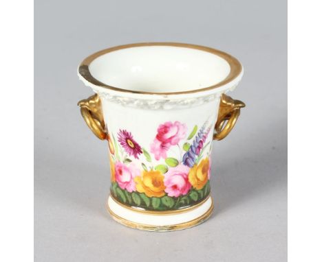 A 19TH CENTURY COALPORT PORCELAIN SPILL VASE with bird beak ring handles painted with flowers on a white ground, encrusted wi