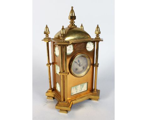 A GOOD 19TH CENTURY GILDED MANTLE CLOCK, with silvered dial, eight day movement striking on a gong, the case with applied Wed