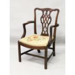 A 19TH CENTURY CHIPPENDALE STYLE MAHOGANY ARMCHAIR, with pierced vase splat, curving arms, drop-in
