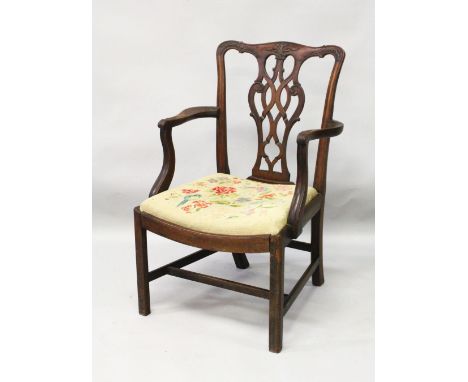 A 19TH CENTURY CHIPPENDALE STYLE MAHOGANY ARMCHAIR, with pierced vase splat, curving arms, drop-in seat, supported on square 