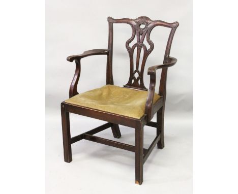 A 19TH CENTURY CHIPPENDALE STYLE MAHOGANY ARMCHAIR, with pierced vase splat, curving arms, drop-in seat, supported on square 