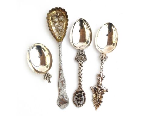 A Victorian silver berry spoon by George Unite &amp; Sons, London 1868 maker; caddy spoon by Henry Stratford, 1896; serving s