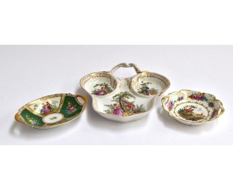 A Meissen dish, with hand painted continental scenes, heightened in gilt, with Augustus Rex mark to base 22cm wide; together 
