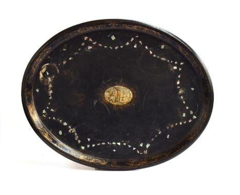 A 19th century ebonised papier mache tray, with mother of pearl inlay border surrounding a scene of two children playing, gil