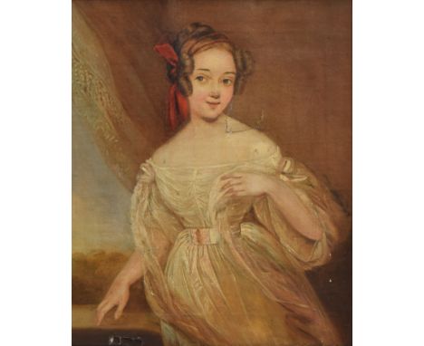 18th century English School, portrait of a young lady, three quarter length, in a white gown, wearing a red ribbon in her hai