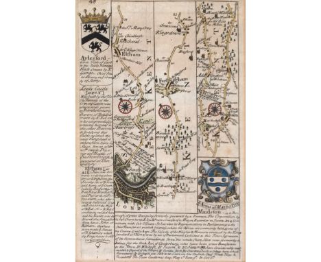 John Owen and Emanuel Bowen c.1720 - 64, hand coloured road strip map Bridgewater to Minehead, 19 x 13cm; Jacob Van Langeren,