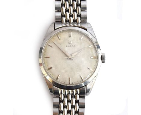 An Omega gent's stainless steel wrist watch, c.1950s, cal.284 manual wind, the textured dial with baton markers, snap back, o