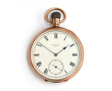 A 9ct gold open face pocket watch by Elgin USA, the white enamel dial with Roman numerals and outer minute track, subsidiary 
