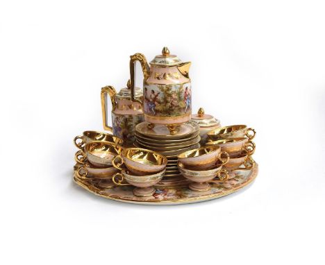 A 20th century Vienna porcelain coffee service, 27 pieces, comprising large coffee pot, small coffee pot, lidded sugar bowl, 