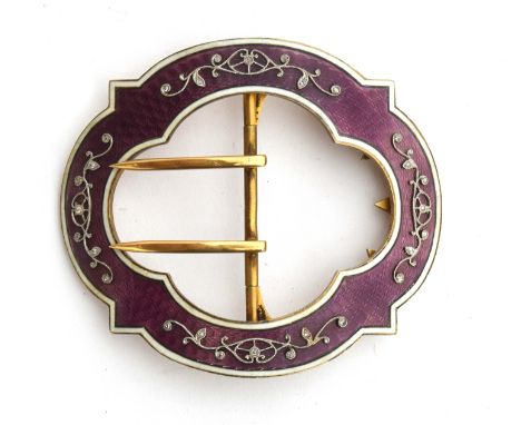 A silver and purple guilloche enamel and gilt jewelled buckle, with gold prongs bearing the French eagle mark, import marks f