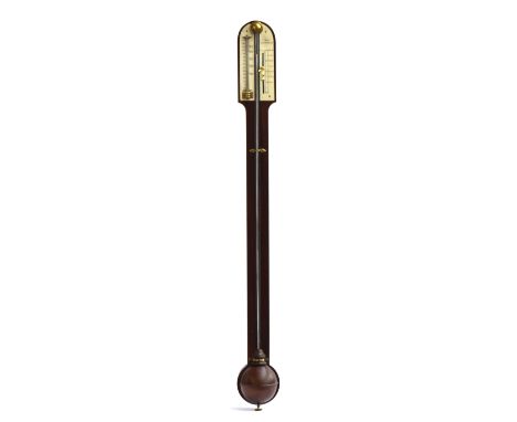 A c.1850 mahogany open tube stick barometer by Carr, Swaffham, with arched ivory indicator and thermometer, and half ball cis