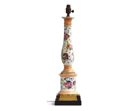 A large 19th century ceramic lamp with hand painted floral decoration, heightened in gilt, approx. 58cm highProvenance: From 