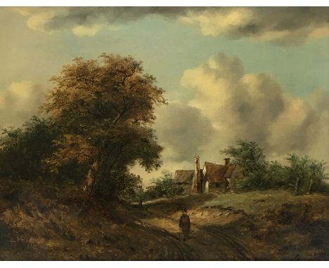 Manner of John Constable (British, 1776 - 1837), cottage in a rural setting with figure in the foreground, oil on canvas, 34.