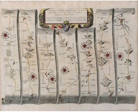 John Ogilby, The Road from London to Weymouth com. Dorset, (1675 or later), hand coloured engraved strip road map, 34.5 x 47c