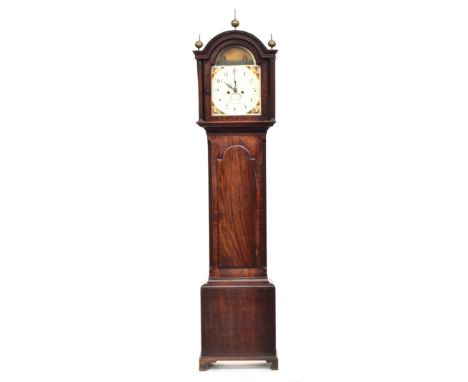 A mahogany cased longcase clock, dome top, the the dial with subsidiary seconds and date, flanked by columns, marked William 