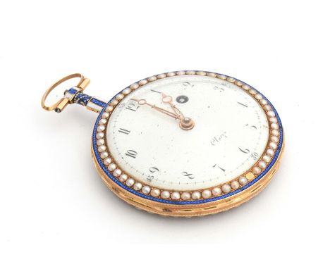 A gold plate, half-pearl and guilloche enamel ladies pocket watch by Clary a Geneve, the white enamel dial with Roman numeral