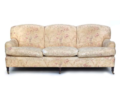 A substantial George Smith three seater sofa, in a Gollut 'Tits &amp; Cherries' pattern fabric, approximately 215cm wide, Geo