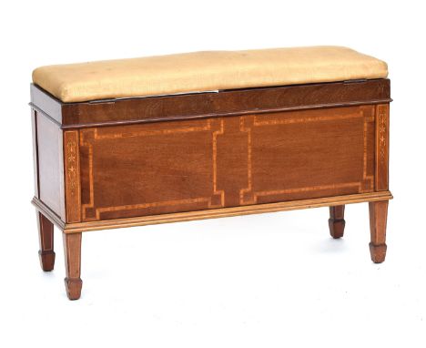 A Regency mahogany marquetry duet stool, hinged upholstered seat above two compartments, on square tapered legs with splayed 