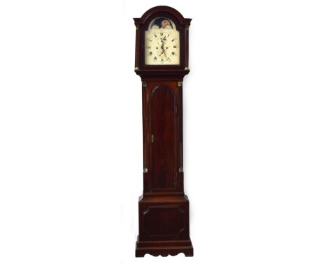 A mahogany longcase clock, the domed dial with moonphase, two subsidiary dials, Arabic minutes and Roman numeral hours, flank