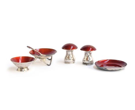 A Danish silver and dark red guilloche enamel cruet set by Egon Lauridsen, comprising a pair of silver salt and pepper shaker