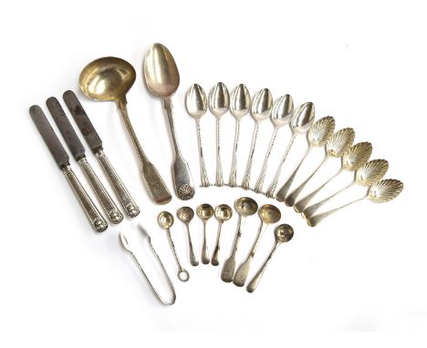 A mixed lot of silver cutlery, to include a George III sauce ladle by Thomas Wilkes Barker, London 1807; two sets of coffee s