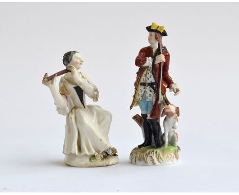 A Dresden figure of a continental gentleman with rifle and dog, marked to base and stamped 6598, 16cm high; together with a f