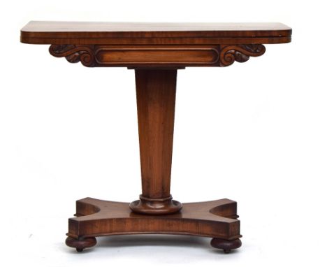 A Victorian mahogany swivel top card table on octagonal tapering column base, 90cm wide, 44cm deep (folded), 76cm high 