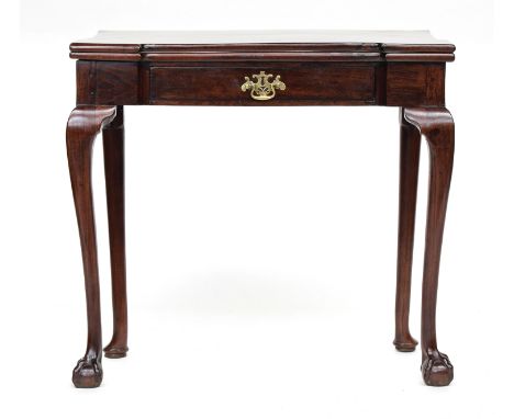 A Regency mahogany gateleg card table, fold over top with single frieze drawer, on cabriole front legs with ball and claw fee