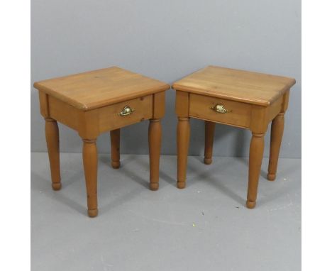 A pair of modern pine lamp tables with single drawer and turned legs. Width 50cm, height 58cm, depth 45cm.