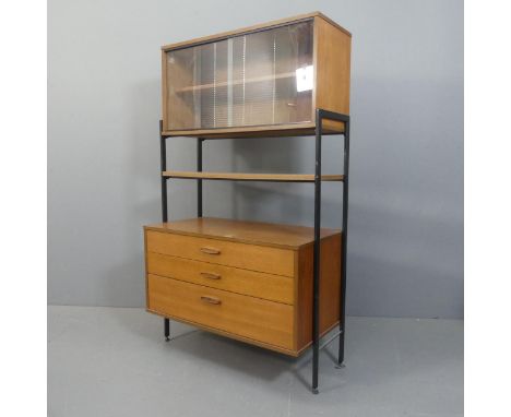 AVALON - A mid-century teak and aluminium framed Ladderax unit, with two glass sliding doors, single shelf and three drawers 