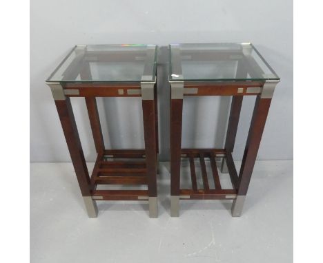 PIERRE VANDEL - A pair of contemporary oak and aluminium two-tier glass top lamp tables / plant stands, with maker's labels. 