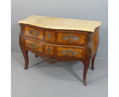 A French Louis XV style bombe commode chest of two short and one long drawers, with kingwood and walnut veneer, marble top, b
