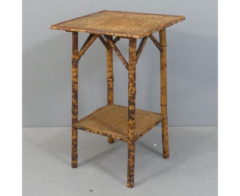 A vintage square tiger bamboo 2-tier side table with rattan panels. Width 41cm, Height 67cm.