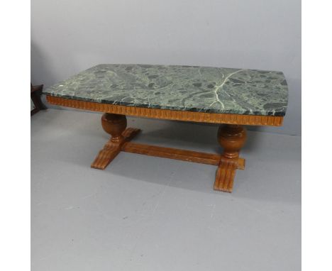 A green-marble topped low centre table, on carved mahogany base with baluster turned legs. Length 150cm, height 58cm, width 8
