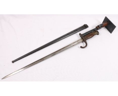 French 1874 pattern sword bayonet with T-form blade, the edge marked for St Etienne April 1876 and scabbard, matching numbers
