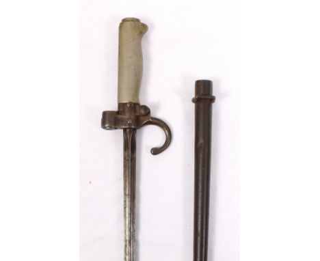 French 1886 pattern bayonet, having tapering cruciform blade and white metal hilt with scabbard, blade length 52cm, bayonet l