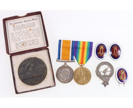 WWI medal pair to 328075 PTE D PATTERSON RAMC (Royal Army Medical Corps) mounted on dress bar, RMS Lusitania replica medal bo