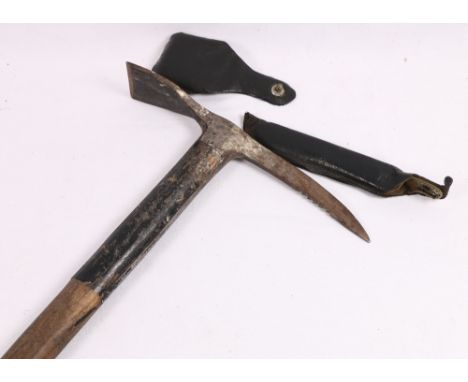 WWII military issue hiking axe or ciupaga, the metal stamped with broad crows foot arrow and dated 1944.