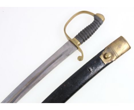 British 19th century Constabulary sword having broad curving fullered blade, brass stirrup hilt and fish skin grip, the quill
