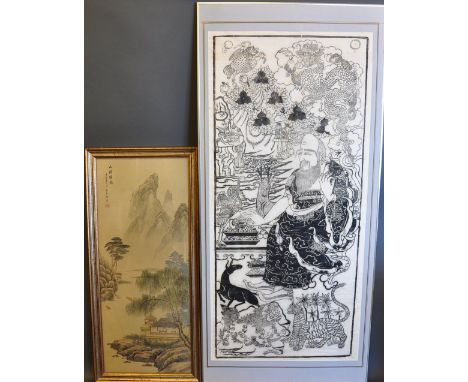 A large Japanese woodcut print on paper, seated man among beasts mythical and real, 115 x 53cm, together with a Chinese lands