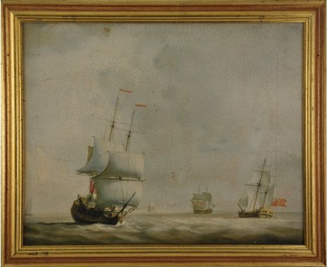 A 19th Century style colour print of naval vessels under sail, 50 x 40cm