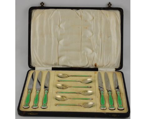 A cased set of tea cutlery Art Deco with enamel handles hallmarked Birmingham 1929