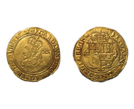 Charles I (1625-1649), Unite, Tower mint, group A, first bust left in coronation robes, wider single arched crown, mark of va