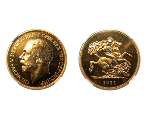 George V (1910-1936), Proof Five Pounds, 1911, bare head left, rev. St. George slaying dragon, (S.3994). A few light hairline