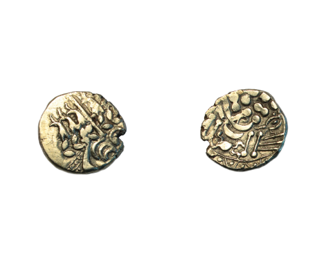 Early uninscribed coinage, Gold stater, Belgae chute type, wreath, cloak and crescents, rev. disjointed horse left, crab belo
