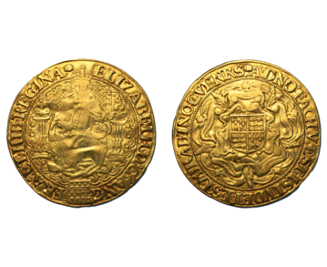 Elizabeth I (1558-1603), Fine Sovereign of 30 shillings, Queen seated on ornamental throne holding orb and sceptre, portculli