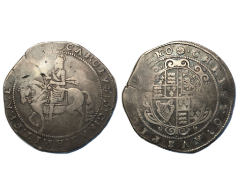 Charles I (1625-1649), Crown, Truro mint, King on horseback left, sash flies out in two ends, rev. oval garnished shield, mm.