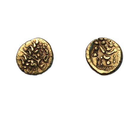 Regini and Atrebates, early uninscribed, Gold stater, Westerham South, wreath, cloak and crescents, rev. disjointed horse lef