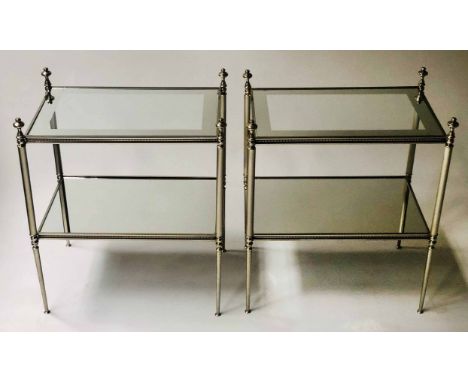 LAMP TABLES, a pair, Regency style, silvered metal, with two part mirrored tiers and reeded suports, 34cm x 50cm x 58cm H. (2