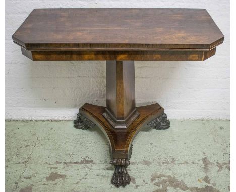 CARD TABLE, George IV, rosewood, circa 1820, with canted corner, maroon baize lined foldover top, on winged paw feet and cast